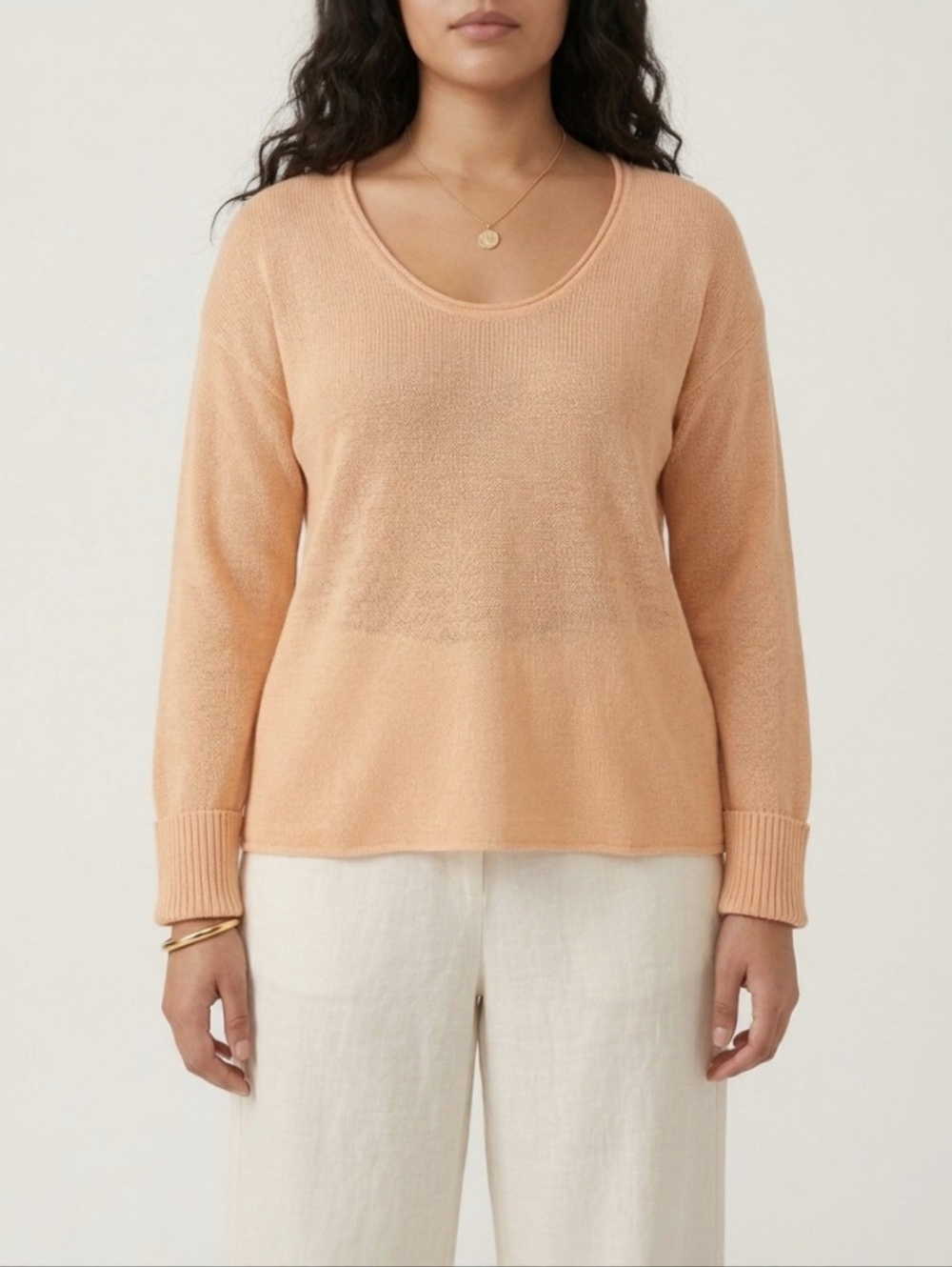 Eileen Fisher 100% Linen Knit Sweater Peach Lightweight Sheer Scoop Neck M